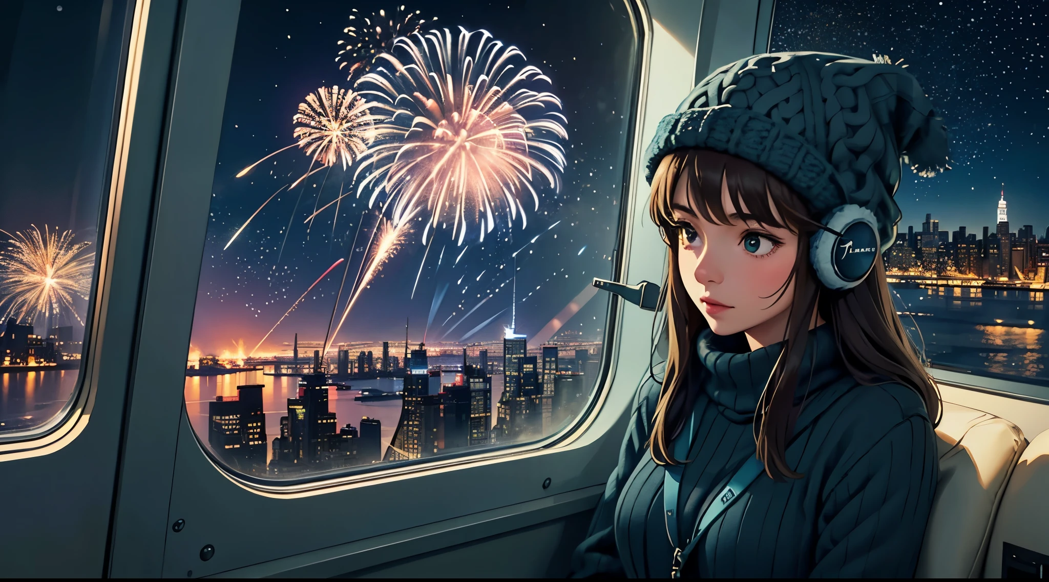 lofi relaxed one brunette girl with headphones flies in helicopter cabin, looks in awe through window, head glued to window. winter night. beautiful landscape of NYC with statue of liberty with (fireworks) in night sky.. travel. tourist. sweater, gloves, winter hat. long hair. new year eve