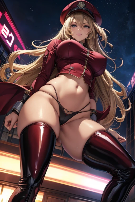 best quality,shiny skin,1woman in her 20s,Beautiful jpn-woman,villain,(full body), (((bottomless))),(((pee))),((crotch tattoo)),silver blonde,(femdom),brown eyes, big breasts, big ass, (thighs focus),((black high thigh boots )),(((Navel exposed))),(magenta small military hat),((standing)),(spread legs),((Angle from directly below)),(condescending eyes),angry smile,five fingers,from the front,(prison),night,