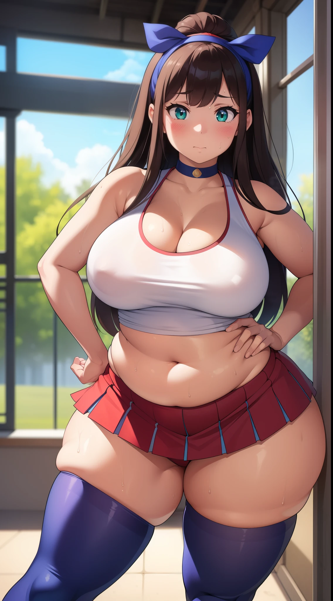 ((Masterpiece)), perfect anatomy, perfect shading, field of depth, (best quality), extremely delicate and beautiful, perfect lighting, detailed face, ultra cute face, cute, (cowboy shot 1.2), looking at viewer, full body, (((1girl))), (((solo))), cheerleader
long hair, fluffy hair, brown hair, green eyes, ((blush))), embarrassed, worried, (cheerleader uniform), (blue and white tank top 1.2), (short section red skirt 1.2), thigh highs, chocker, extremely tight clothes, large breasts, cleavage, perky breasts, (((wide hips))), ((thick thighs)), ((big butt)), ((plump)), chubby belly, fat rolls, belly hang, she has a jiggly belly,
School gym, intricate background, detailed background, sweaty, out of breath, hands on hip