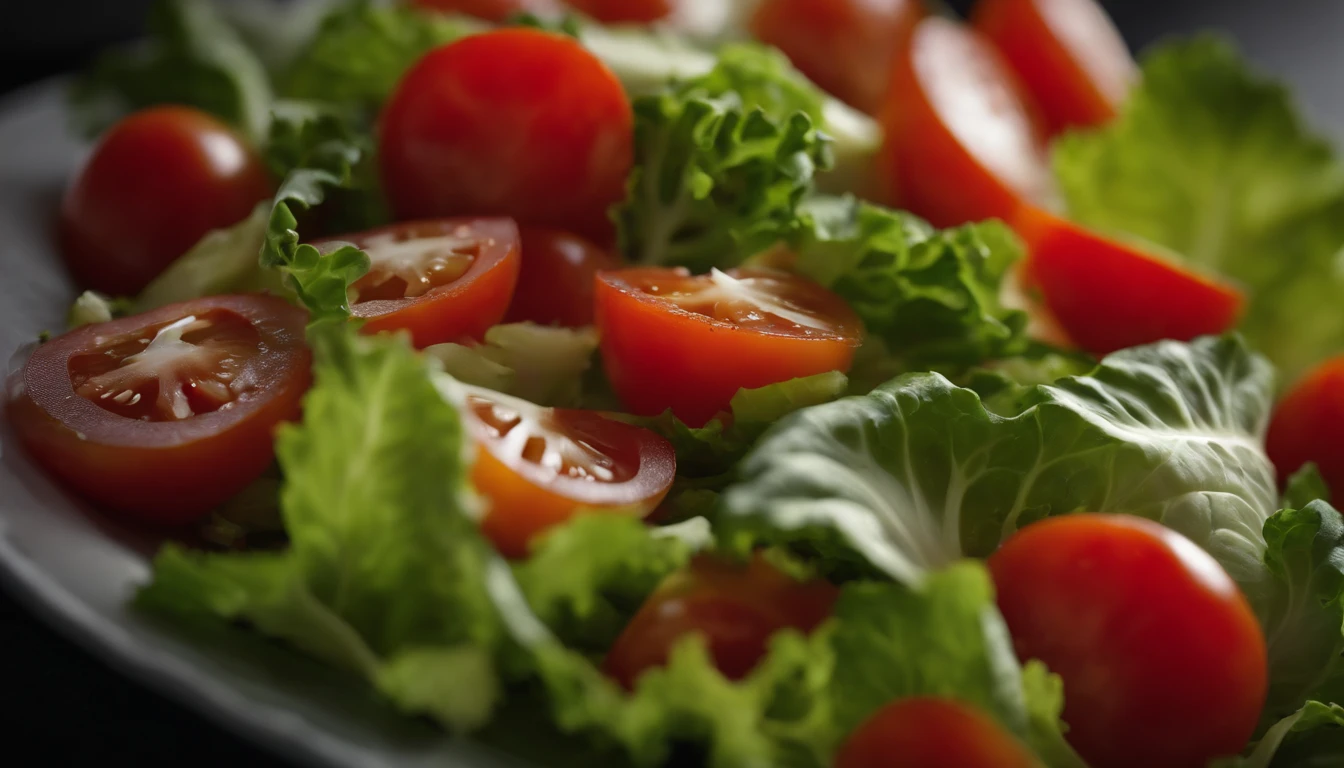 a macro shot of a top view of a Georgian vegetable salad, focusing on the intricate details of each vegetable, such as the crisp lettuce leaves and the juicy tomato slices