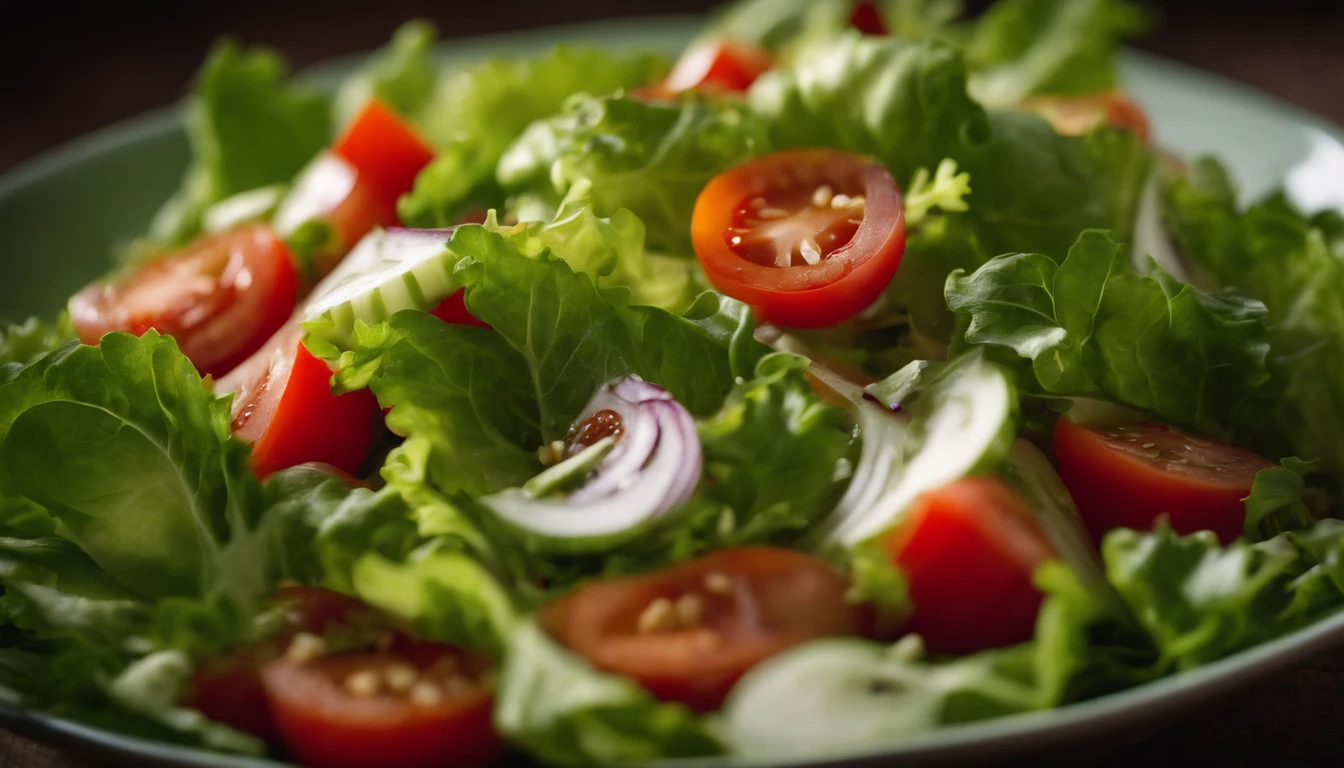 a macro shot of a top view of a Georgian vegetable salad, focusing on the intricate details of each vegetable, such as the crisp lettuce leaves and the juicy tomato slices