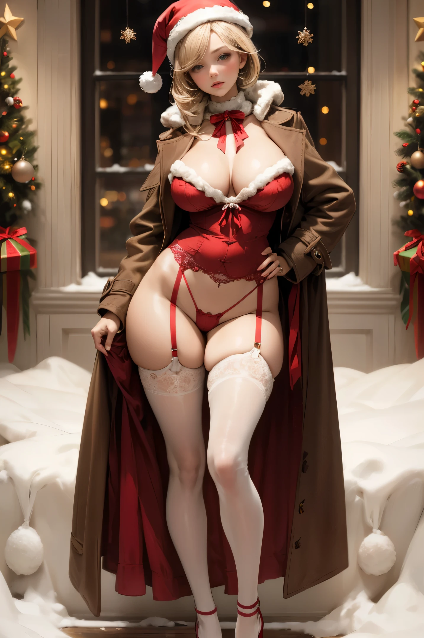 mujer rubia , pelo largo rubio , rubia , cuerpo completo , grandes tetas, gran trasero, voluptuoso, piernas abiertas , pose sexy , escote , Christmas hat , Christmas Clothes, nieve , christmas lingerie, christmas coat , christmas stockings , christmas heels