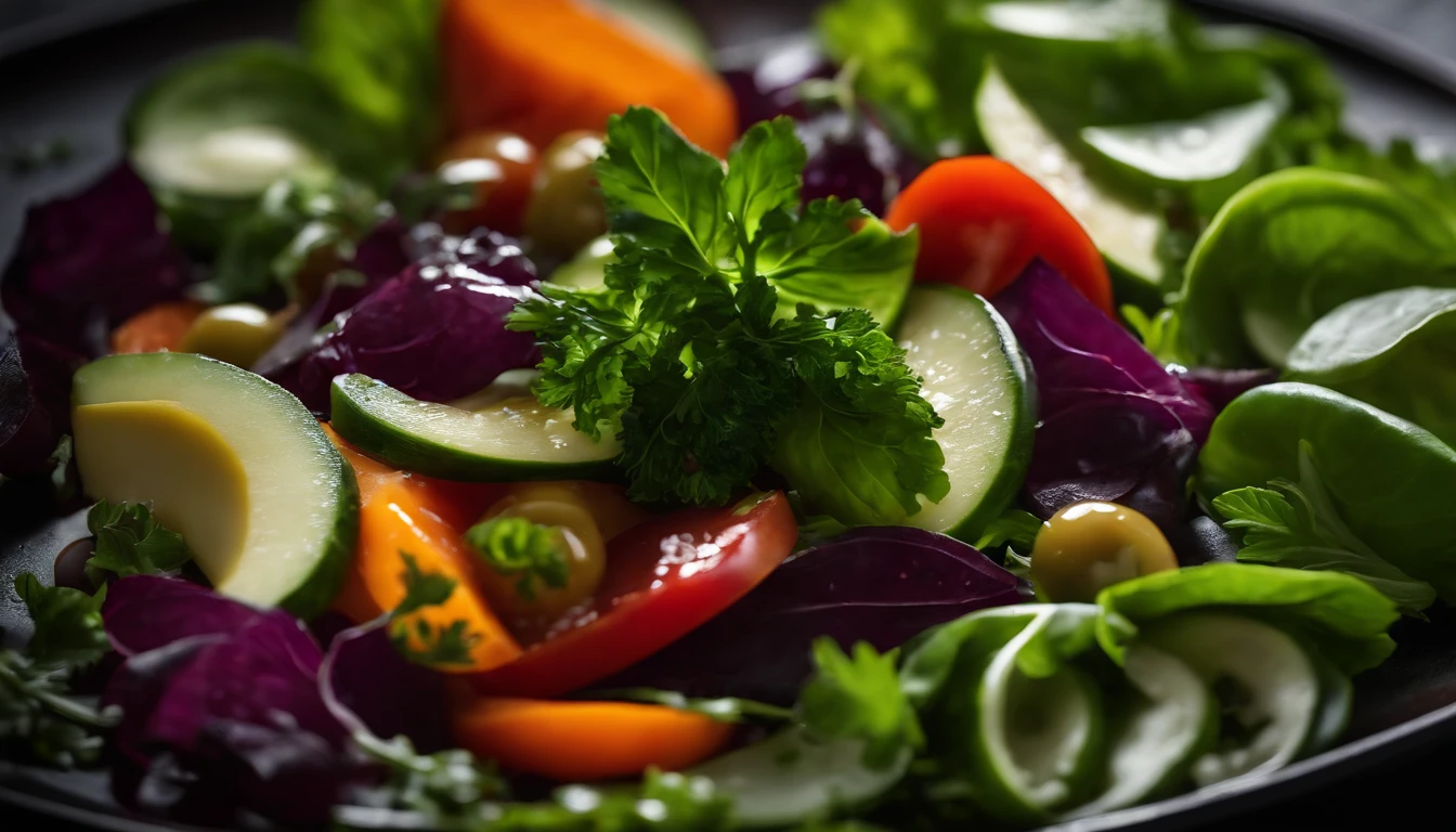 a top view shot of a vibrant Georgian vegetable salad with balsamic sauce on a plate, showcasing the colorful assortment of fresh vegetables and the glossy texture of the sauce