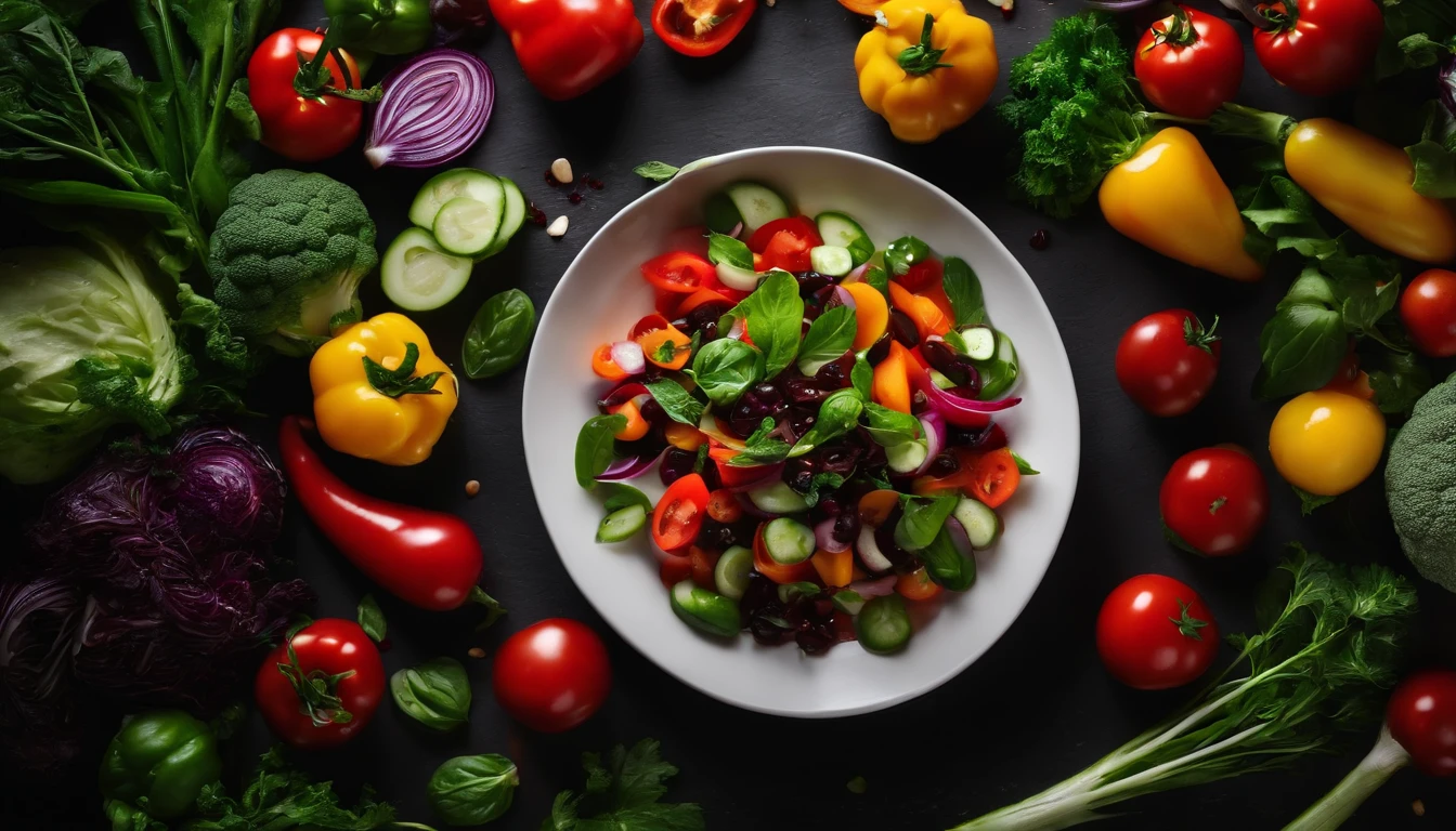 a top view shot of a vibrant Georgian vegetable salad with balsamic sauce on a plate, showcasing the colorful assortment of fresh vegetables and the glossy texture of the sauce