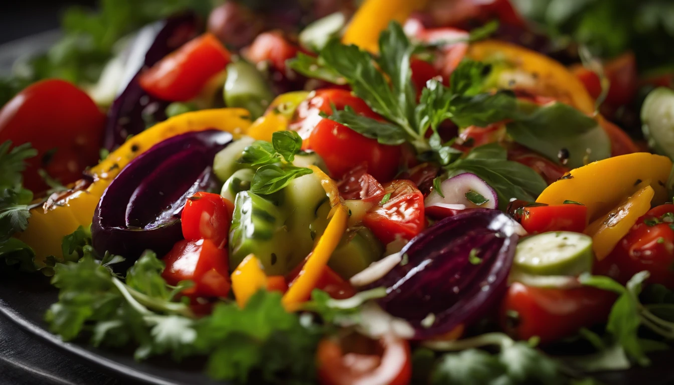 a top view shot of a vibrant Georgian vegetable salad with balsamic sauce on a plate, showcasing the colorful assortment of fresh vegetables and the glossy texture of the sauce