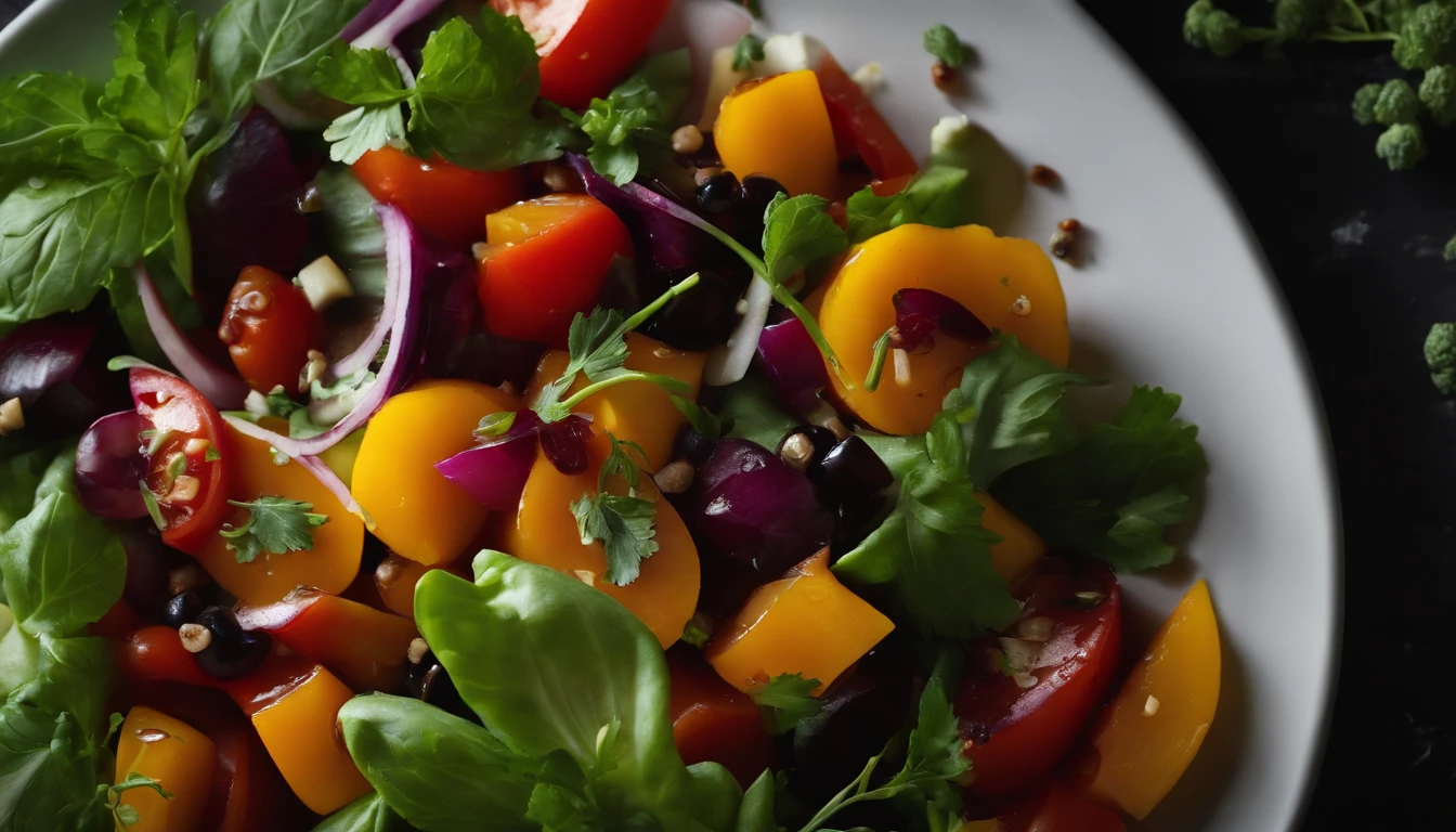 a top view shot of a vibrant Georgian vegetable salad with balsamic sauce on a plate, showcasing the colorful assortment of fresh vegetables and the glossy texture of the sauce