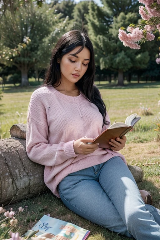 a woman with black hairs wearing pink sweater and light blue jeans lying on a white clothe and reading a book sorrunded by pink flowers and grass few trees in the background