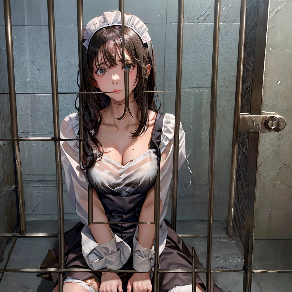 Woman sitting on the floor of a prison cell,perpetrator、confinement、srestrained、 Bind、Tied arms behind、sitting in a prison, in a prison cell, stood in a cell, sitting in a dark prison cell, in the Prison, in prison, in a small prison cell, the woman is Behind bars, promo still, prisoner, prison cell, prison, Behind bars, with prison clothing, olivia pope, tv show still,torn clothes、A maid uniform torn to pieces,Behind bars, promo still, prisoner, prison cell, prison, Behind bars,A bra with wet and see-through、teats see through、