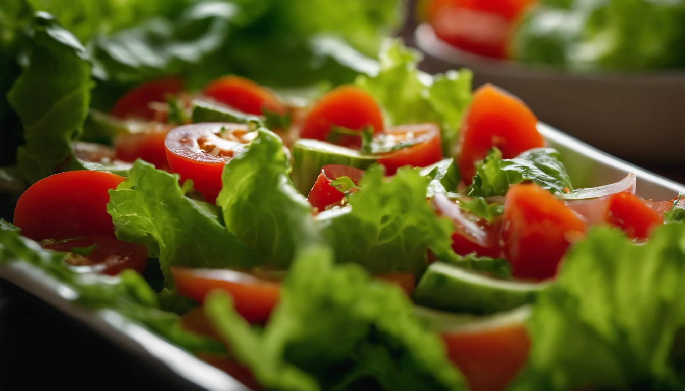 a macro shot of a top view of a Georgian vegetable salad, focusing on the intricate details of each vegetable, such as the crisp lettuce leaves and the juicy tomato slices