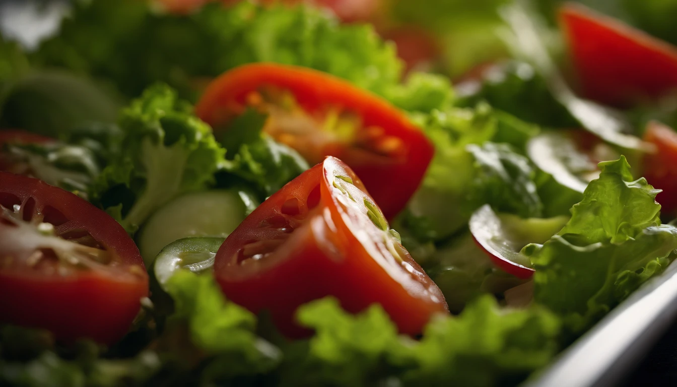 a macro shot of a top view of a Georgian vegetable salad, focusing on the intricate details of each vegetable, such as the crisp lettuce leaves and the juicy tomato slices