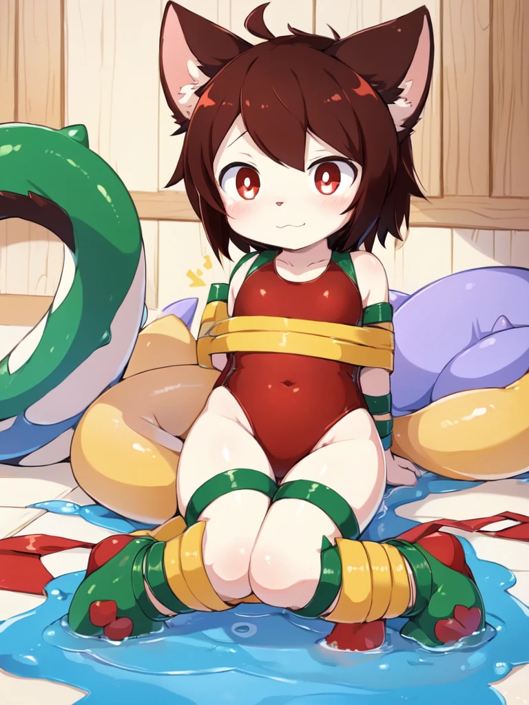 Red pupils, detailed hair, young,One-piece swimsuit,Firmware version, furry anime, Bragon, very cute face, face flushed, Playful, young, detailedbackground, Detailed fanart, pixiv, digitial painting, tmasterpiece, high high quality, A high resolution,Sneak into the slimes,wrapped in tape,bound by tape,Two cats tied together with tape,random colors,random species,solo portrait,Foot mats,legs separated,The tail is in the right place,Cat's paws