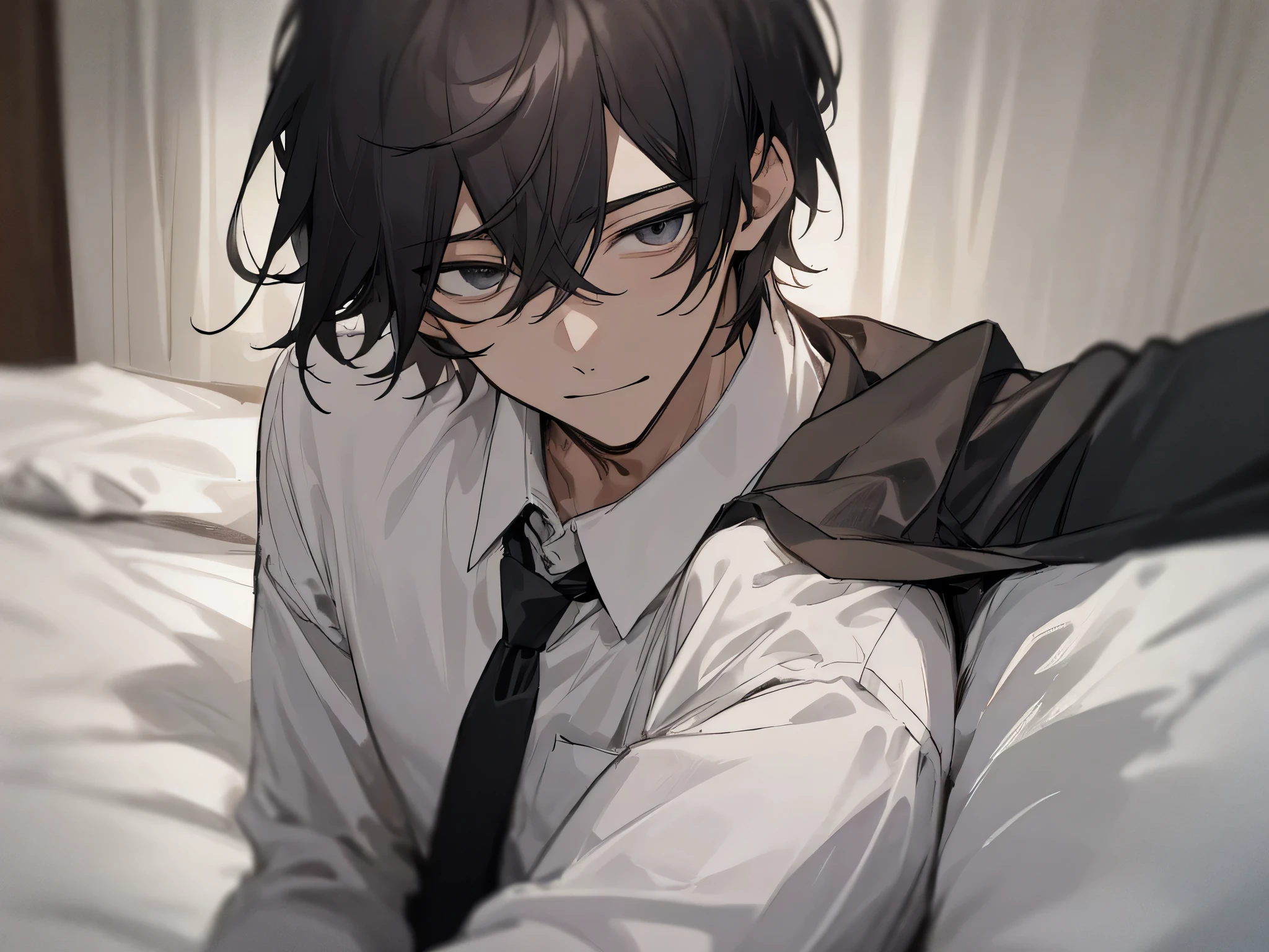 working adults.,male people,a handsome,Cool atmosphere,Soio,A dark-haired,Mash,Depressive Atmosphere(masuter piece,Viewer's Perspective,Upper body,close up of face,ムラムラ,smil,Yandere atmosphere,,atmosphere of night,White shirt and black pants,please wear a tie,),Hotel room bed、