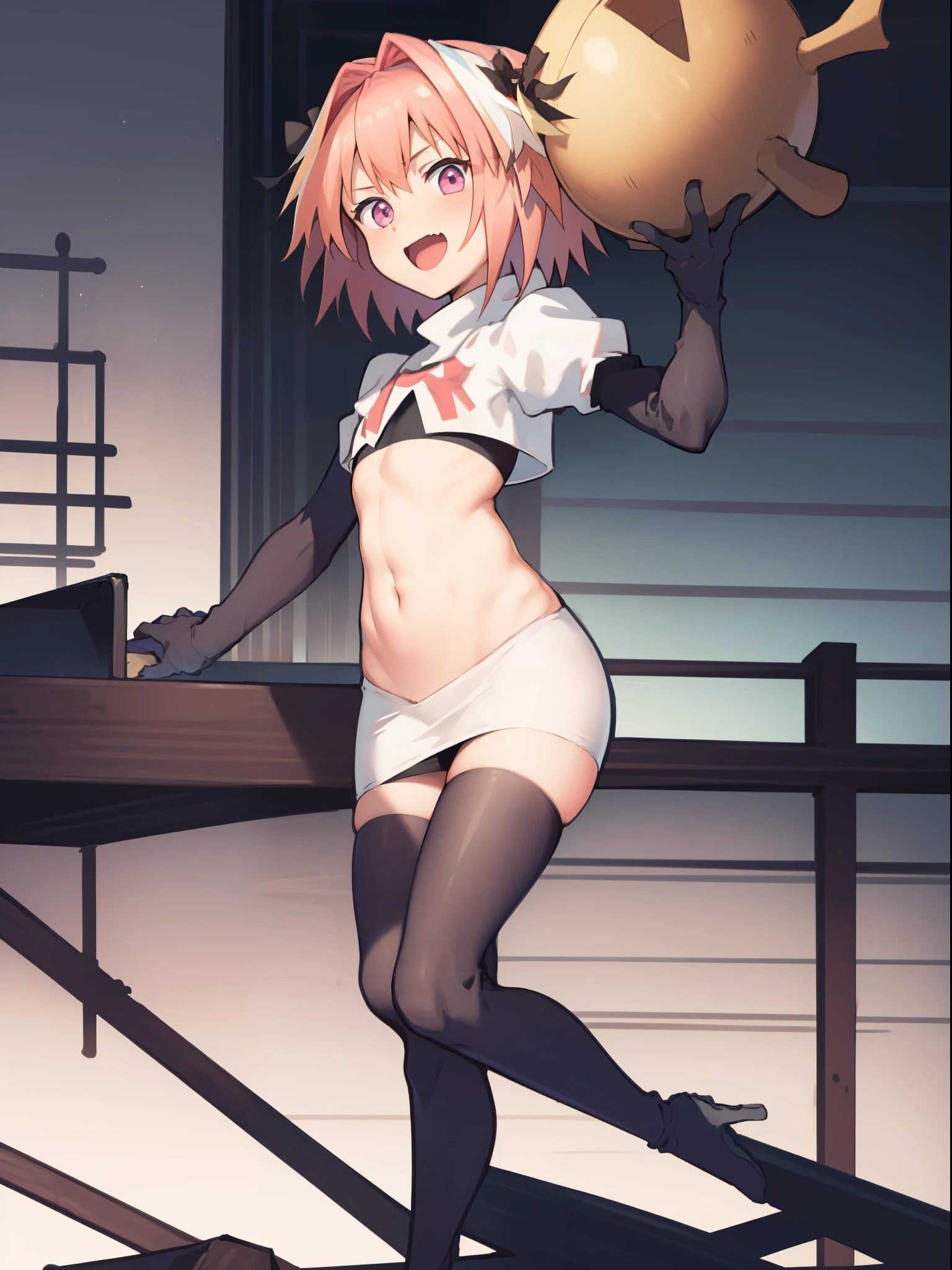 absurdres, masterpiece, best quality, (astolfo fate:1.2155), 1boy, male focus, trap, pink multicolored hair, pink hair, white hair, hair intakes, long hair, pink detailed eyes, crossdressing,1boy, team rocket,team rocket uniform, red letter R, white skirt,white crop top,black thigh-highs,black elbow gloves