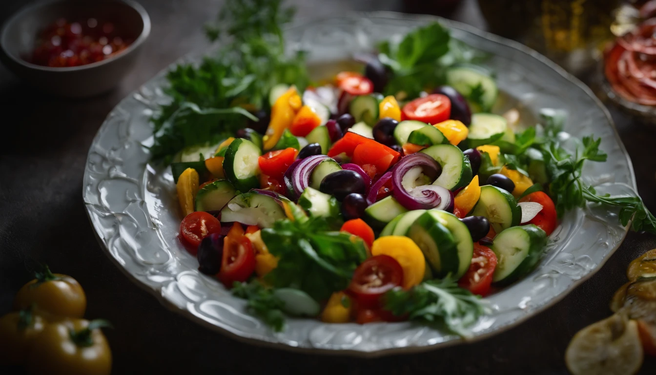 a creative shot of a top view of a Georgian vegetable salad, arranging the vegetables in an artistic and visually pleasing pattern or design on the plate