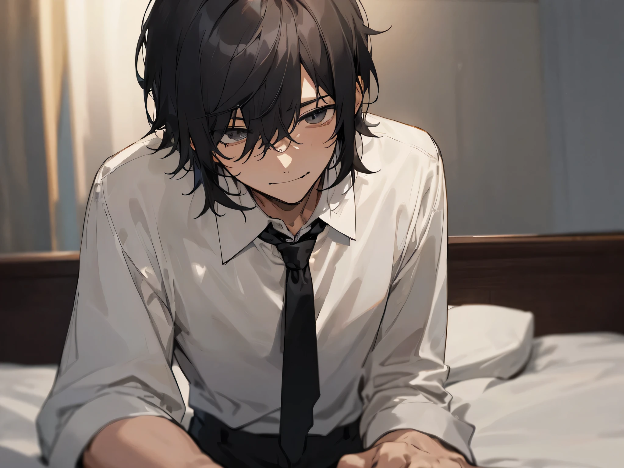 working adults.,male people,a handsome,Cool atmosphere,Soio,A dark-haired,Mash,Depressive Atmosphere(masuter piece,Viewer's Perspective,Upper body,close up of face,ムラムラ,smil,Yandere atmosphere,,atmosphere of night,White shirt and black pants,please wear a tie,),Hotel room bed、
