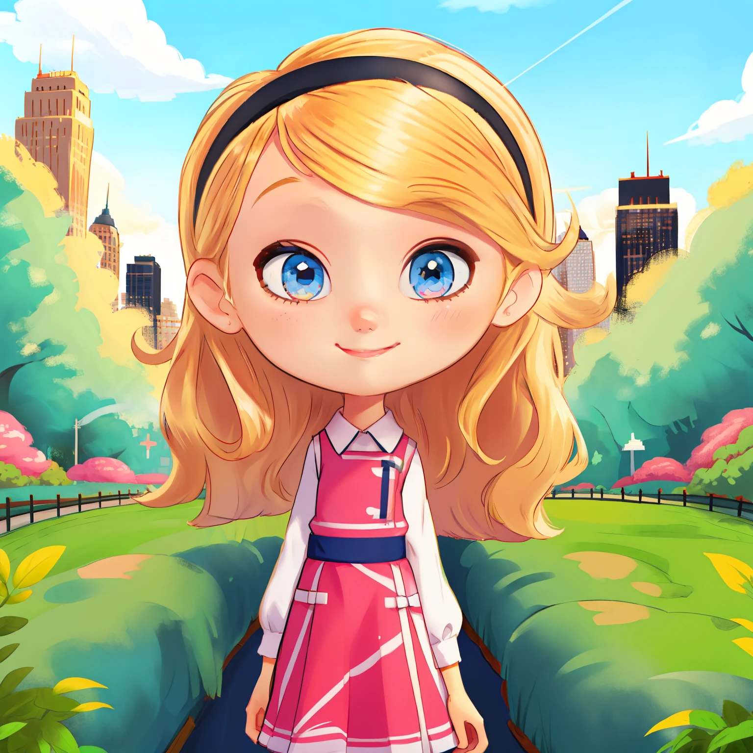 1 girl, solo, dress, blonde hair, blue eyes, long hair, hairband, pink dress, white long tube socks, arms behind back, smile, cute smile, closed mouth, scenery, clouds, sunlight, looking at viewer, (central park)