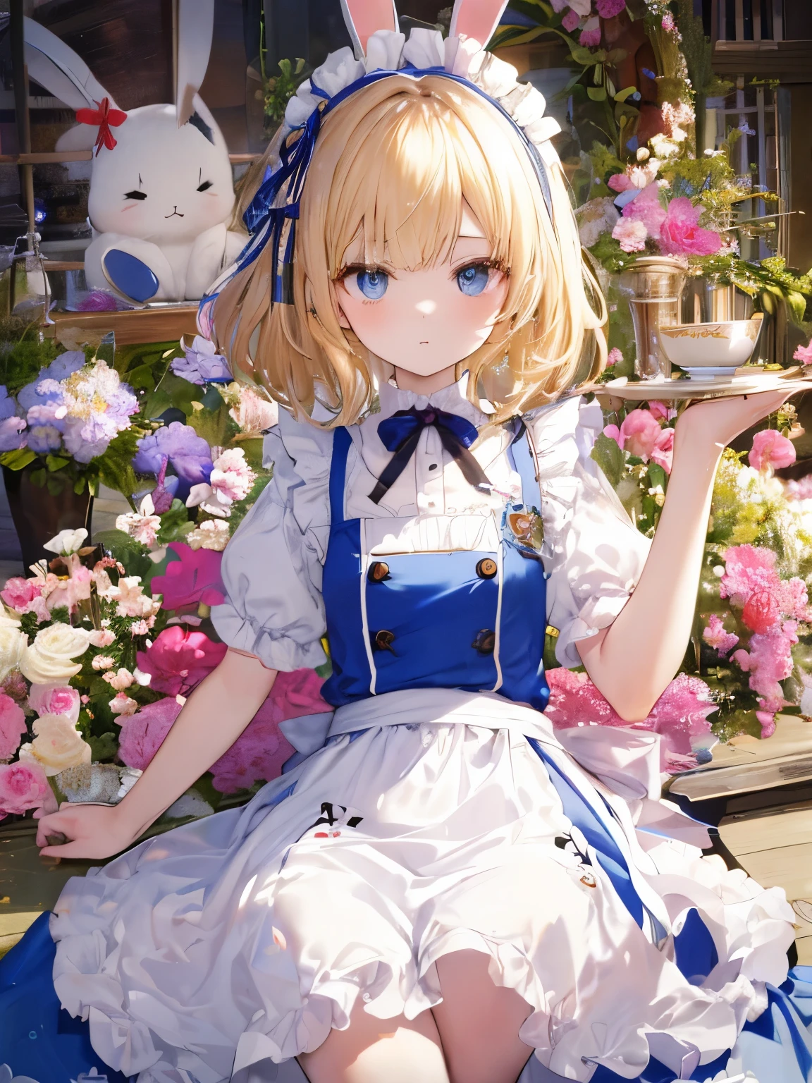 Anime girl in a blue dress holding a tea cup and a plate - SeaArt AI