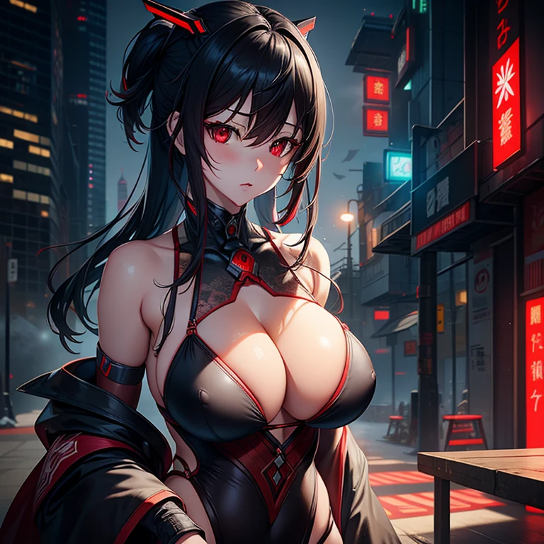 ganyu \(genshin impact\), ganyudef, outdoors, cyber punk city, red eyes, volumetric lighting, soft lighting, cinematic, looking at viewer, massive breast covered by black lace top, showing plunging neck line, long Black hair