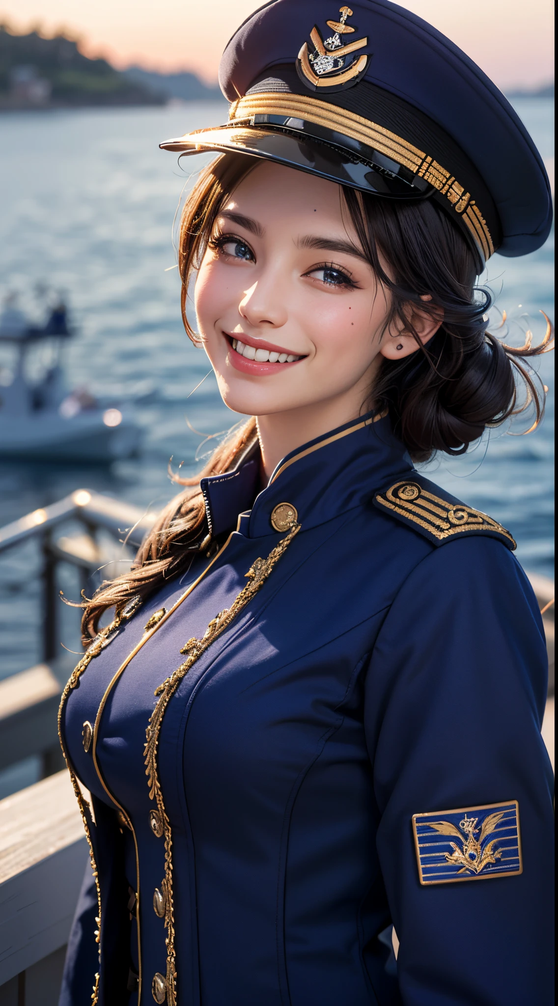 (best quality,4k,8k,highres,masterpiece:1.2), ultra-detailed, (realistic,photorealistic,photo-realistic:1.37), (beautiful detailed eyes, beautiful detailed lips, extremely detailed eyes and face), studio lighting, physically-based rendering,vivid colors, (big tits, super big tits, super extra big tits:0.8), (military or naval uniform:1.5), (soft lighting:0.8), (portrait, smile and laugh:1.5), (station:1.5),