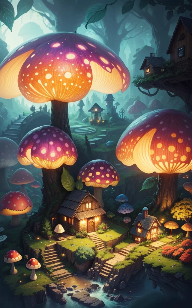 World in a bottle,A fairyland-like hideaway,Colorful mushroom house,a fairy world,summer day,beachside,rios,tree house,Sunflower fields,lavender,mountain ranges,mountain peakig trees,a small medieval village, Italy, vila, Medieval town, medieval village, fantasy italy, quaint village, italian masterpiece, medieval coastal village, medieval town landscape、Cobblestone road、View from the street、Behold the
