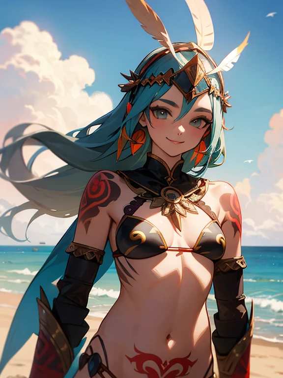masterpiece, best quality, kayna, headdress, feathers, tribal, bikini armor, vambraces, tattoo, bodypaint, standing, looking at viewer, upper body, smile, beach, sky, clouds