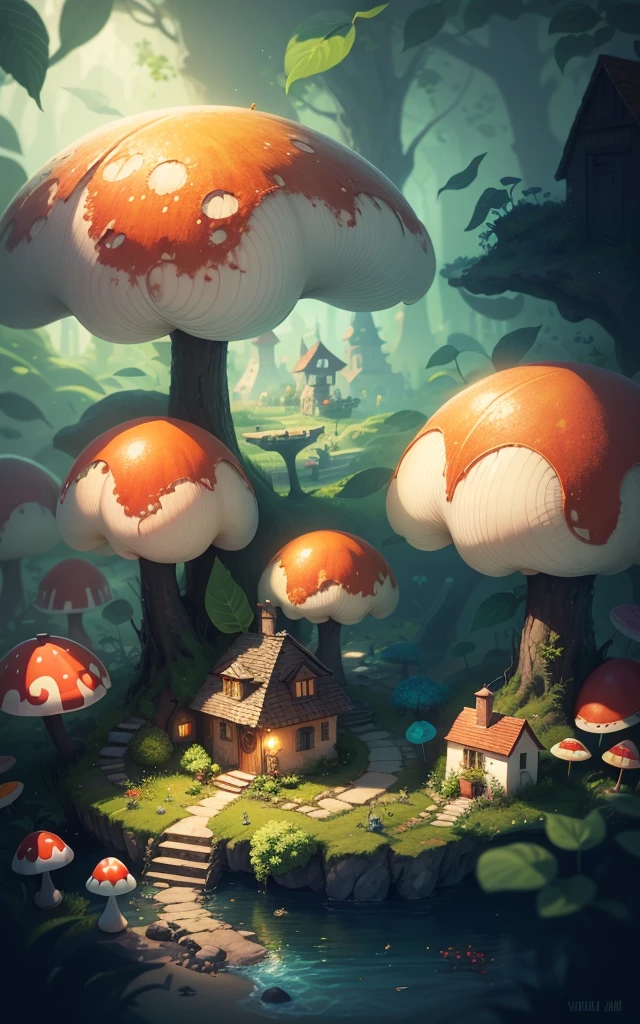 World in a bottle,A fairyland-like hideaway,Colorful mushroom house,a fairy world,summer day,beachside,rios,tree house,Sunflower fields,lavender,mountain ranges,mountain peakig trees,a small medieval village, Italy, vila, Medieval town, medieval village, fantasy italy, quaint village, italian masterpiece, medieval coastal village, medieval town landscape、Cobblestone road、View from the street、Behold the