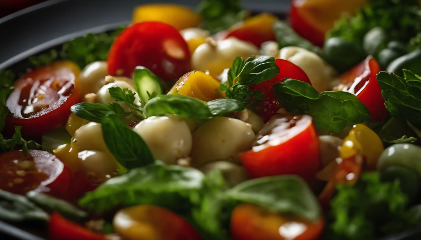 an image of a top view of a Georgian vegetable salad, utilizing natural lighting to enhance the vibrant colors of the fresh vegetables and the glossy appearance of the balsamic sauce