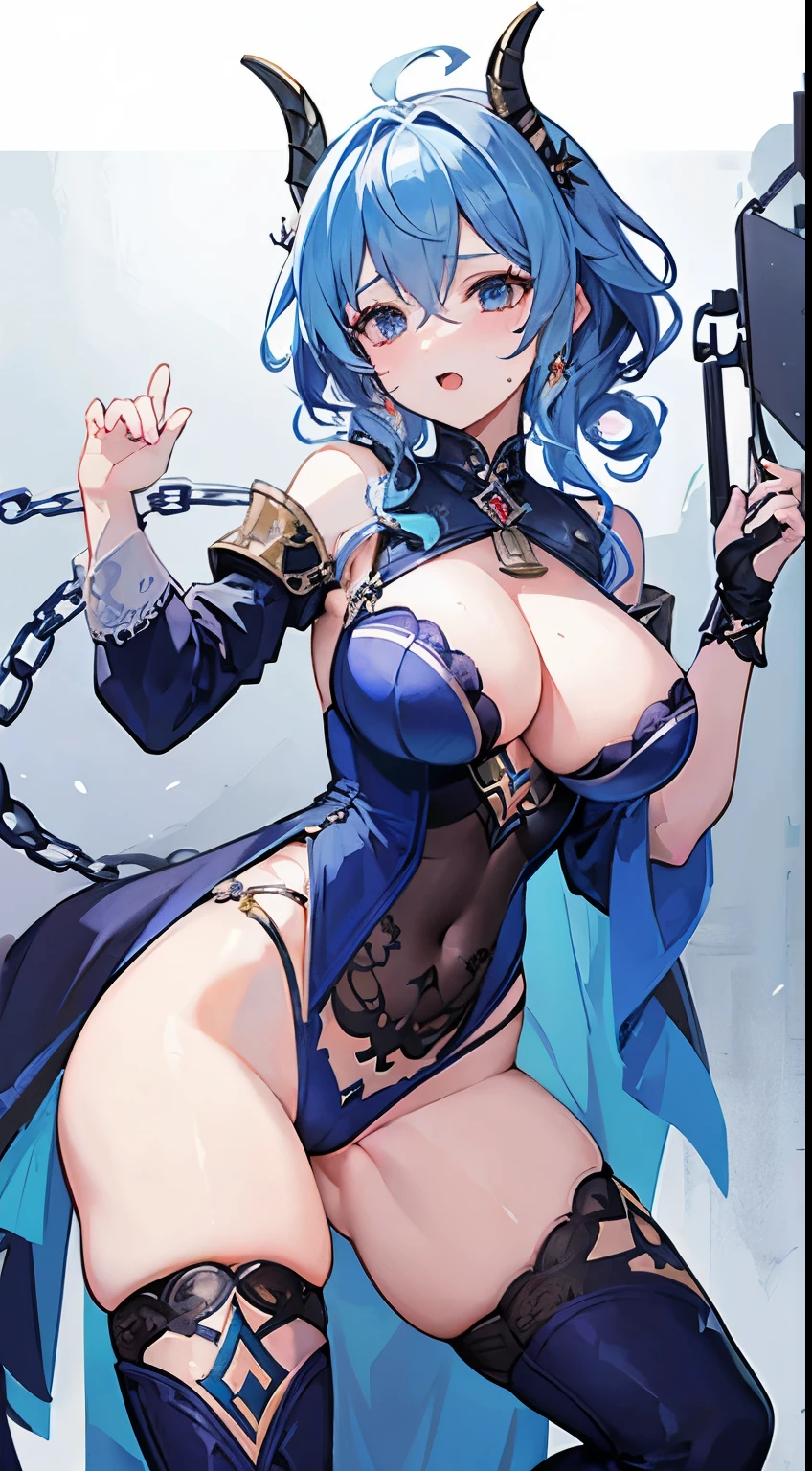 1girl, medium blue curly hair, knight, genshin impact style, biggest boobs, milf, chain, scream, tongue, saliva, horn