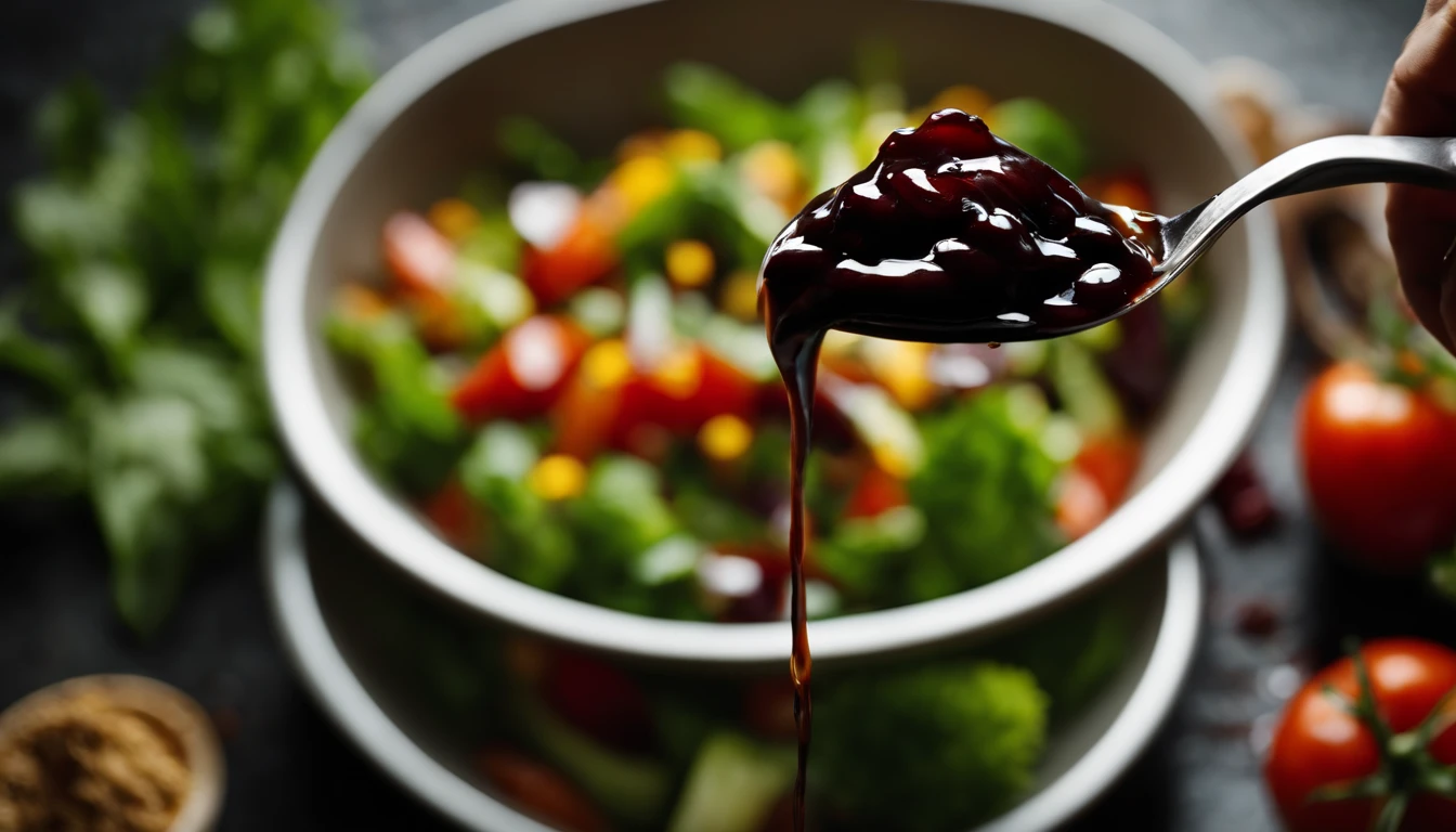 a dynamic action shot of a top view of a Georgian vegetable salad being drizzled with balsamic sauce, showcasing the movement and flow of the sauce as it cascades over the vegetables