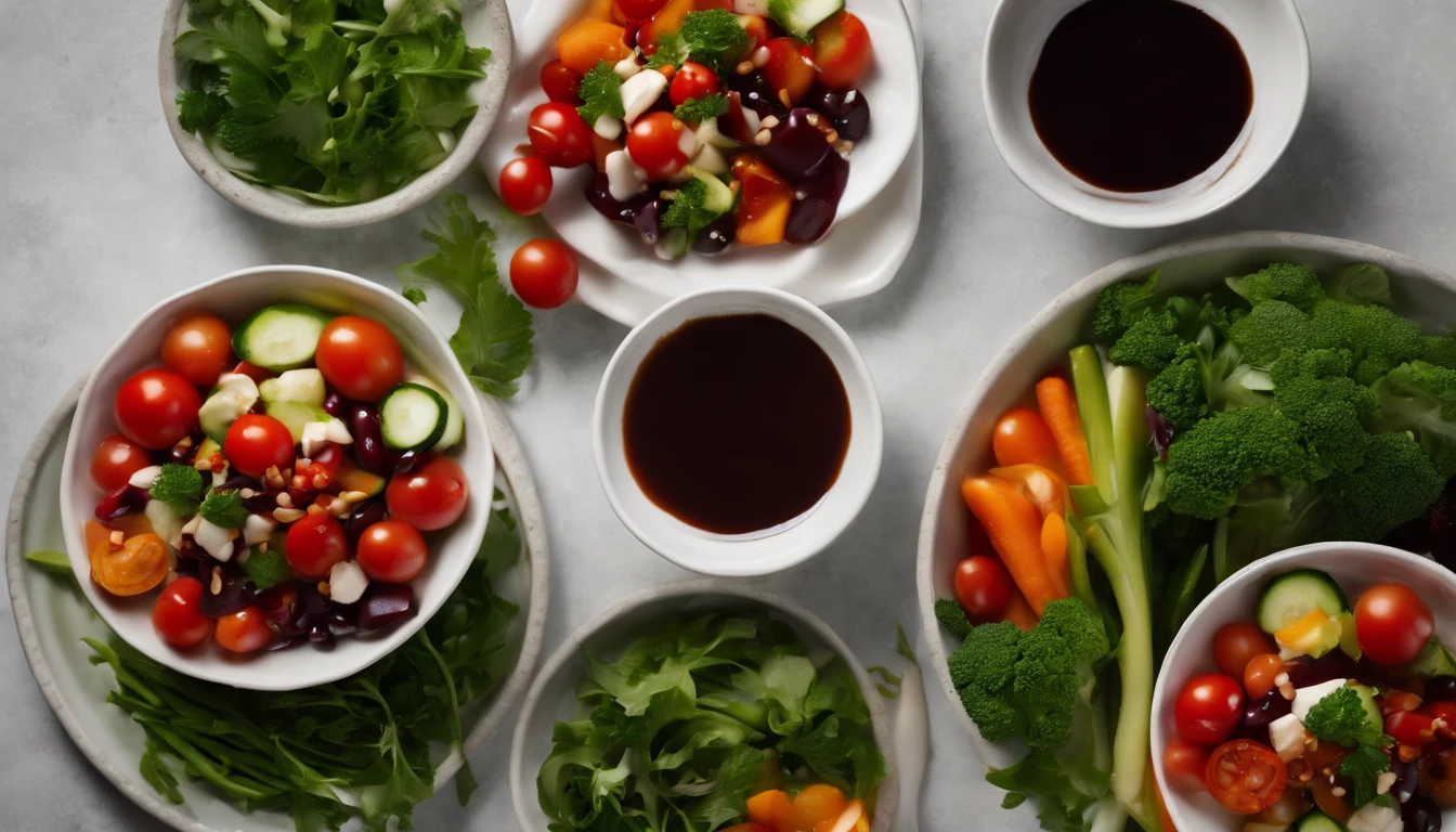 a dynamic action shot of a top view of a Georgian vegetable salad being drizzled with balsamic sauce, showcasing the movement and flow of the sauce as it cascades over the vegetables