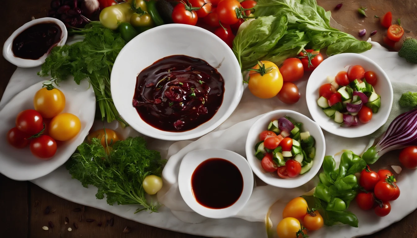 a dynamic action shot of a top view of a Georgian vegetable salad being drizzled with balsamic sauce, showcasing the movement and flow of the sauce as it cascades over the vegetables