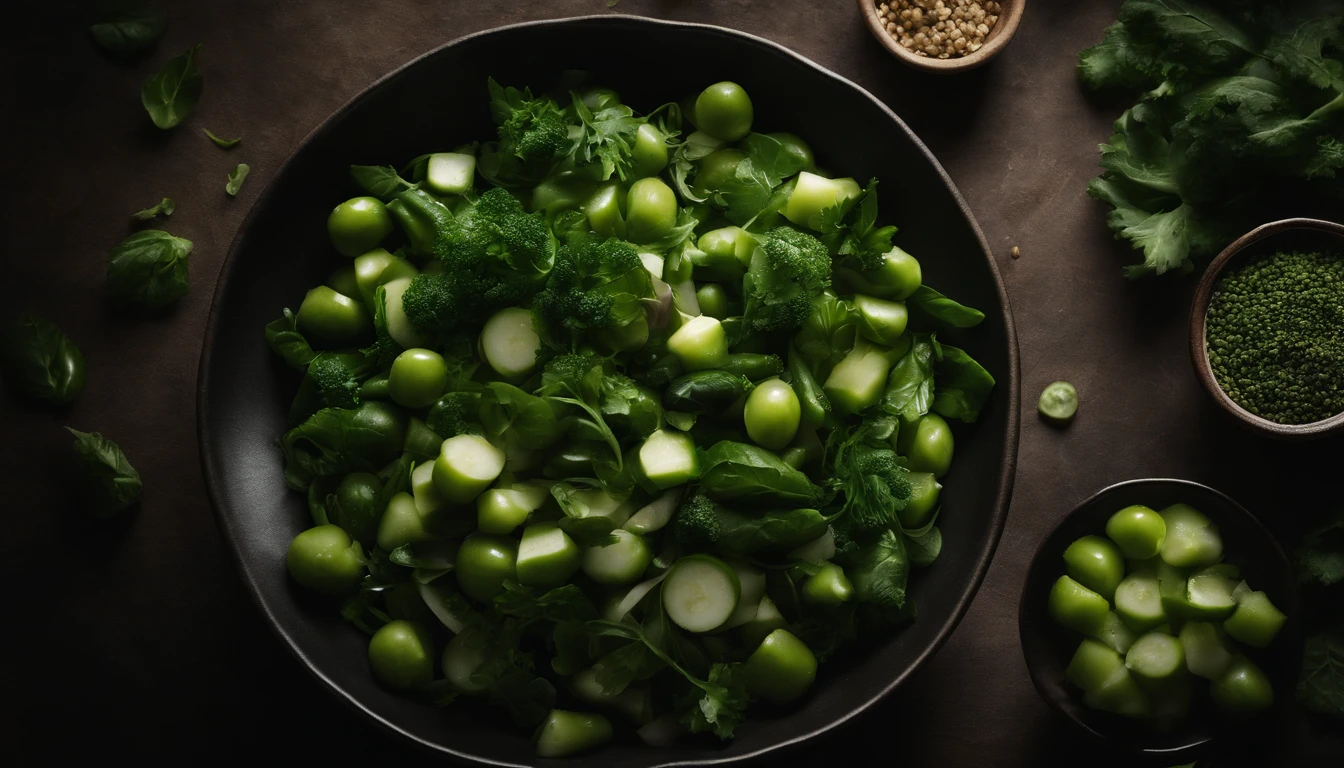 a monochromatic shot of a top view of a Georgian vegetable salad, focusing on the contrasting shades of green and the textures of the vegetables without the distraction of color