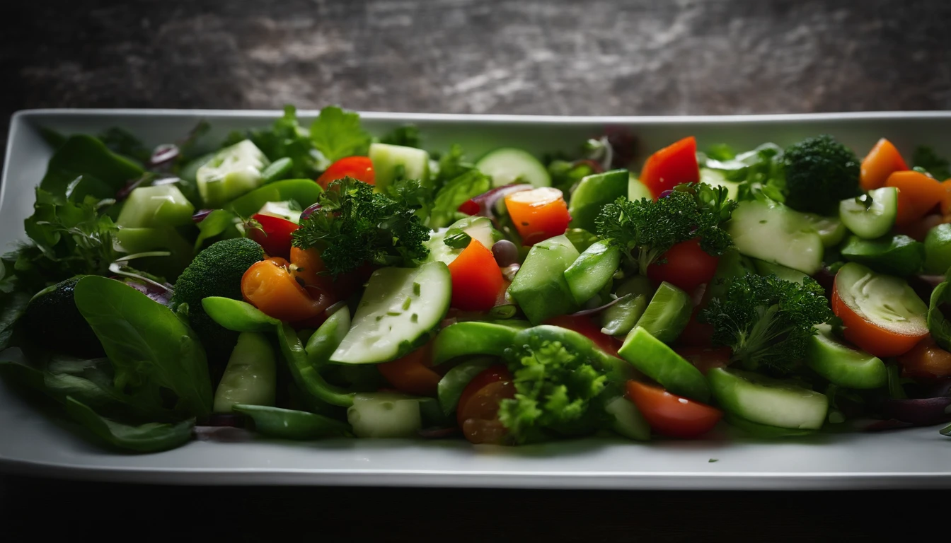 a monochromatic shot of a top view of a Georgian vegetable salad, focusing on the contrasting shades of green and the textures of the vegetables without the distraction of color