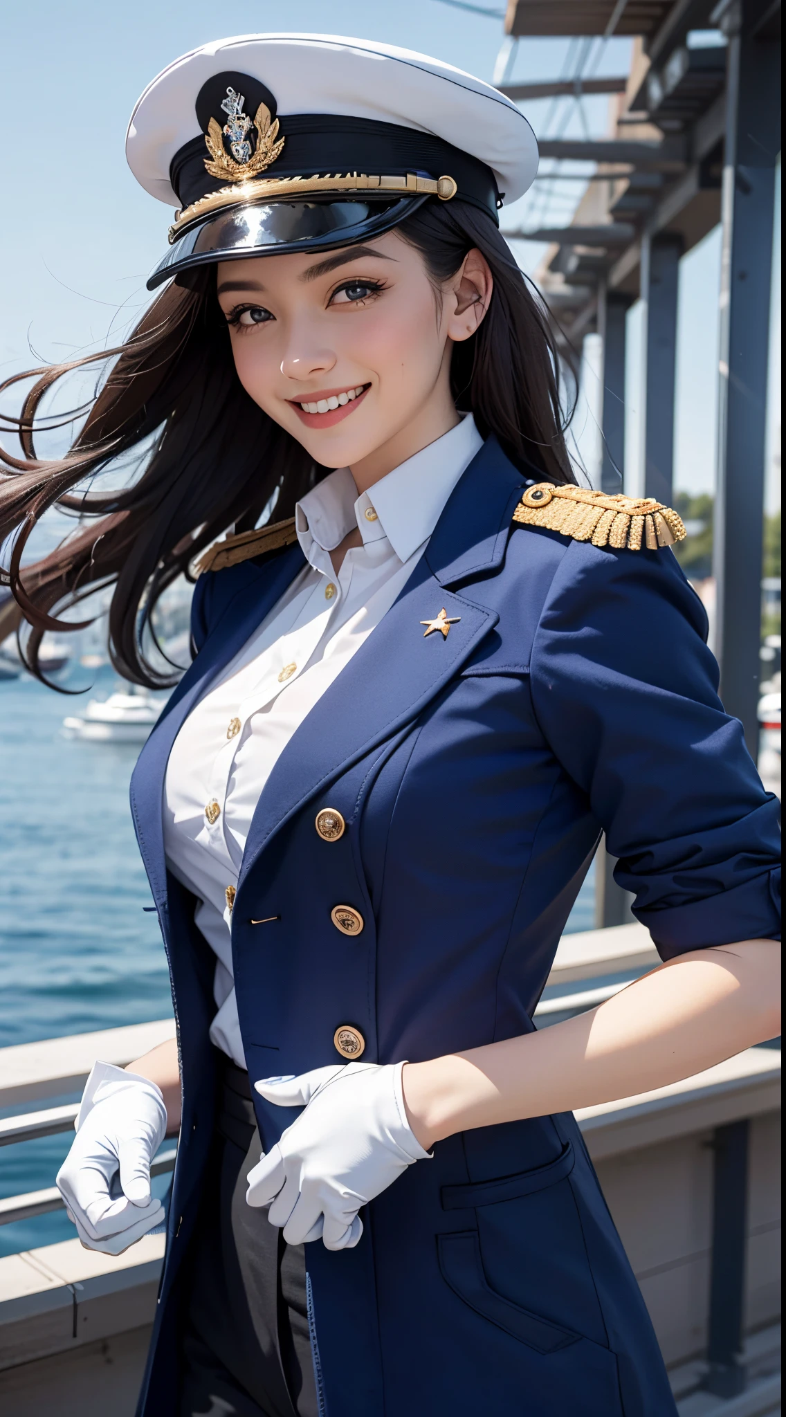 (UHD, retina, masterpiece, ccurate, anatomically correct, textured skin, super detail, high details, high quality, best quality, highres, 1080P, HD, 4K, 8k, 16k), (beautiful detailed eyes, beautiful detailed lips, extremely detailed eyes and face), studio lighting, physically-based rendering, vivid colors, (large breasts, glamorous body), (royal blue color, naval uniform coat, rank insignia:1.5), (peaked cap:1.37), business shirt, gloves, (portrait, shiny hair, shiny skin, blush, hair blowing in the wind), (dusk at the harbor, bokeh), eye reflection, jet black hair, (smile and laugh:1.5),