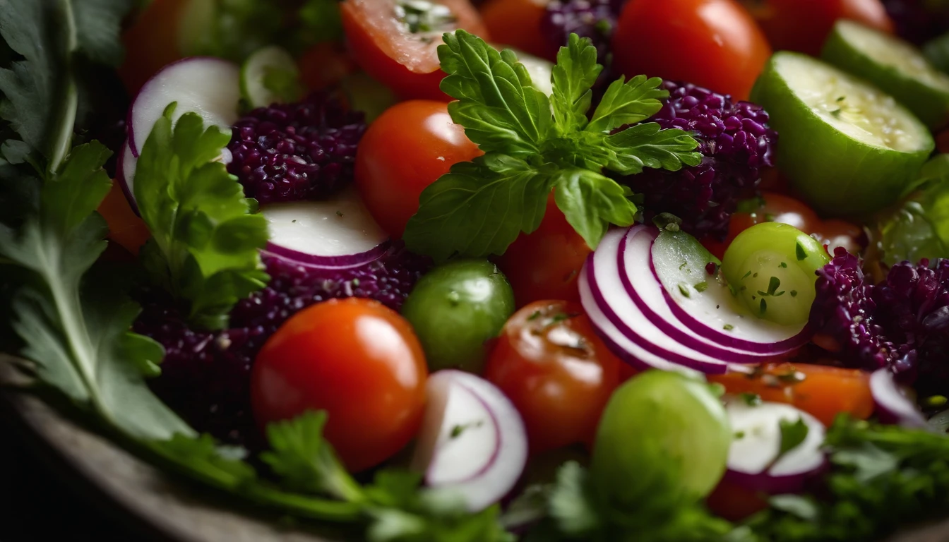 a detail shot of a top view of a Georgian vegetable salad, incorporating props or garnishes that complement the dish, such as fresh herbs or a sprinkle of sesame seeds