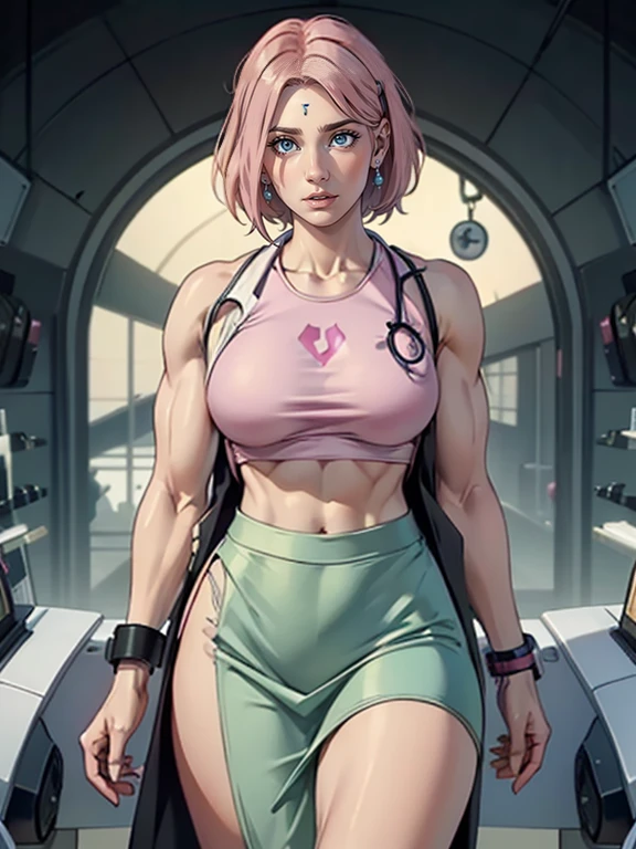 (High resolution, Pixels are perfect, luxurious illustration), (hyper quality, masutepiece, Ethereal: 1.4),(Solo:1.4), (((Focus on Face))), (((Pink hair, Green Eyes))), pale skin, (((((((fitness model))))))), ((slim thighs)), ((Medium breasts)), Woman, ((A MILF)), (((((((Female doctor))))))), ((Sakura Haruno)), (((torn Black Shirt, torn Grey Skirt))), (((slim hips))), ((hospital background)), (Shiny skin), ((Overexposure)),