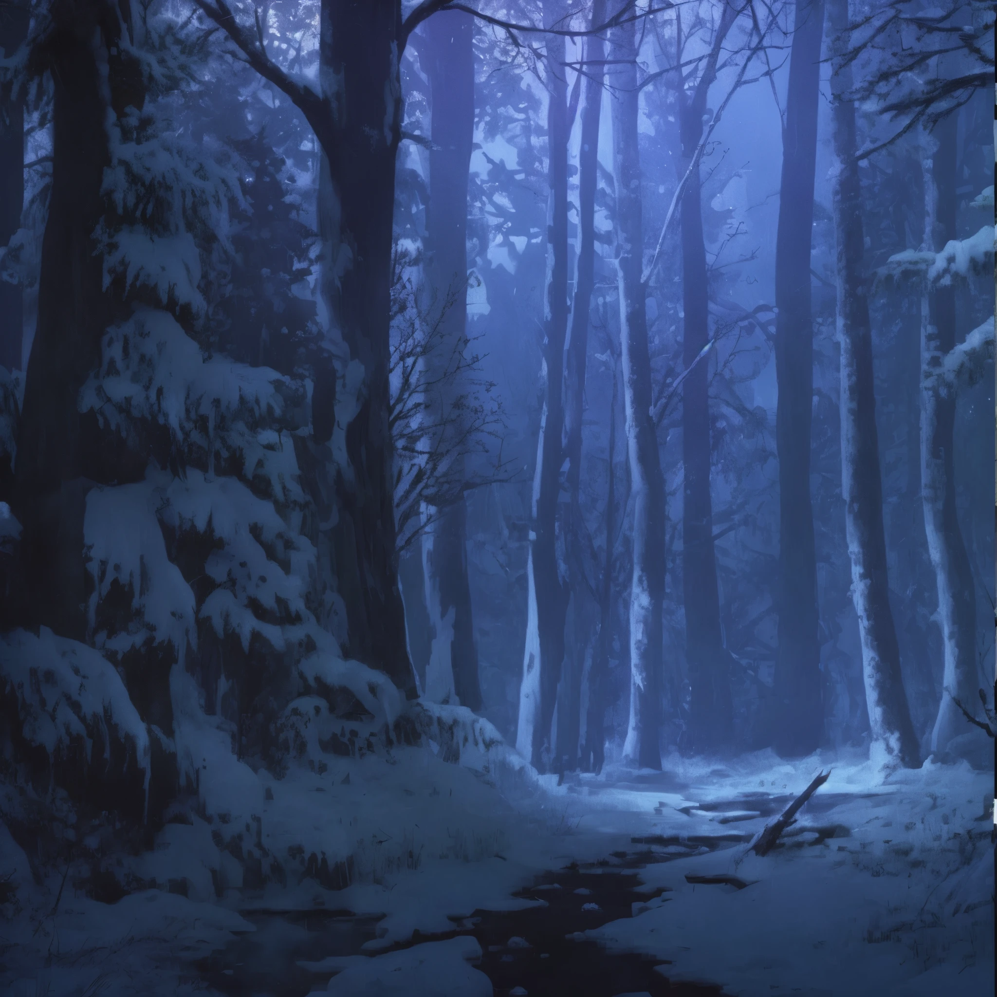 Bosque nevado scene with a stream running through the middle of the woods, Arte conceptual de invierno, bosque nevado, Ilustraciones de fondo, Bosque nevado, Antecedentes del anime art, Anime Lush John 8K Woods, Antecedentes del anime, in a Bosque nevado setting, Entorno forestal iluminado por la luna, Ambiente nevado, Bosque de invierno, escena de fondo aleatoria, Heavy winter aesthetics, Bosque azul, Arte conceptual de un bosque oscuro