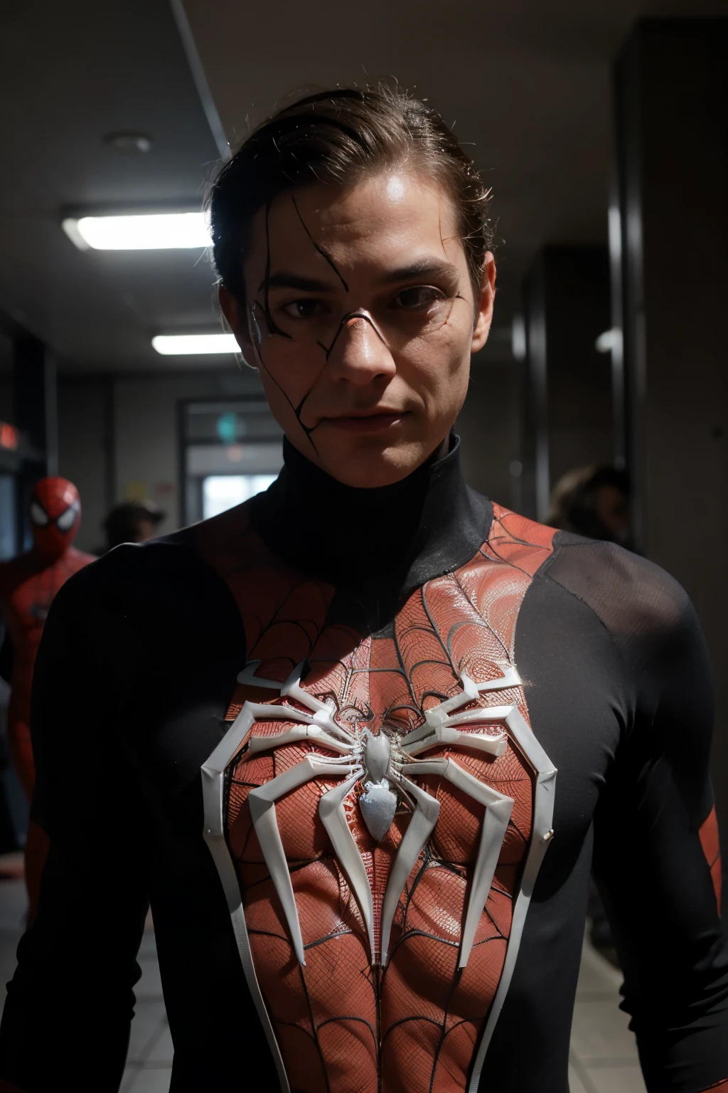Robospider's appearance is that of a robotic replica of Spiderman. He is tall, strong, and has a robotic face with a blue, glowing eye. He wears a black body suit with silver web-like patterns and orange lenses for his eyes. His costume bears a striking resemblance to Spiderman's own costume, though he is much more sinister in appearance. However, beneath his suit, Robospider has artificial skin that resembles the real Peter Parker. This makes him virtually identical to Spiderman when he removes his mask.