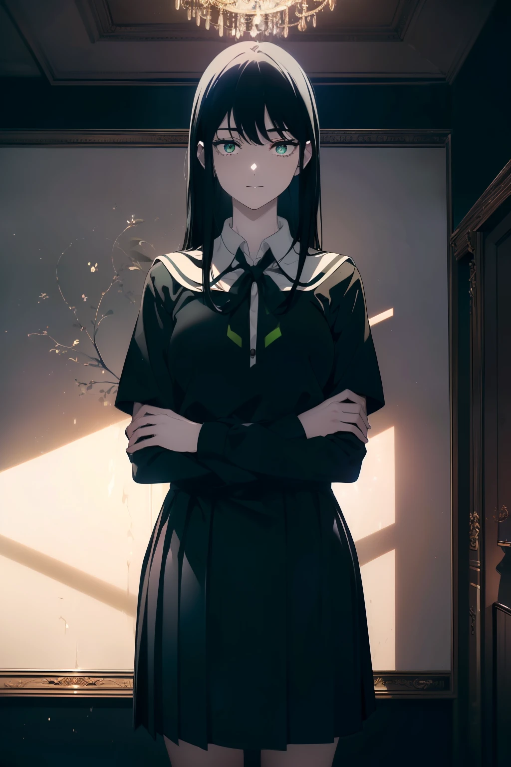 ((((Obra maestra, La mejor calidad, ultrahigh resolution)))), 1girl, standing, ((navy blue school uniform)), (((long black hair))), pale skin, ((green eyes)), glowing_eyes, neon eyes, (ultra detailed eyes:0.7, beautiful and detailed face, detailed eyes:0.9), ((centered)), smile, ((wide shot)), facing viewer, ((indoor house background)), medium breasts, looking at viewer, ((half closed eyes)), ((perfect hands)), (((head:1, arms, hips in view, elbows, upper thigh area, in view))), ((thinking)), empty eyes, beautiful lighting, outside, outdoors, background, defined subject, 18 years old, (head tilt), (((cool))),