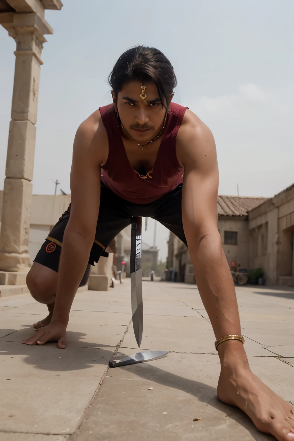 A Rajput warrior with a khanda sword pointed towards the viewer in a forced perspective manner with the blade parallel to the ground. On the blade there is a shivalik class frigate