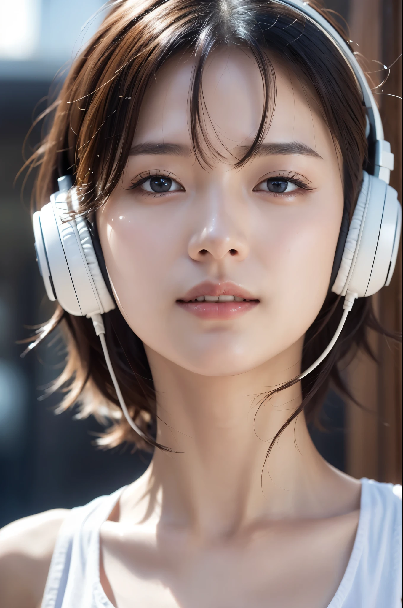 Dress up、(Photo Real:1.4)、(A hyper-realistic:1.4)、(Photorealistic:1.3)、 (Gentle lighting: 1.05)、(Improve video lighting quality:0.9)、32 k、 1girl in、20 years girl、photorealistic lighting、Back lighting、Facial Lights、raytrace、(Bright:1.2)、(Increase quality:1.4)、 (Top quality real texture skin air eyes, A delicate and delicate face with headphones、 (tired and sleepy and satisfied: 0.0), Close-up of the face, White mood improvement:1.1)、slender body、Glossy skin、乃木坂アイドル、Beautiful actress、Neat and clean woman