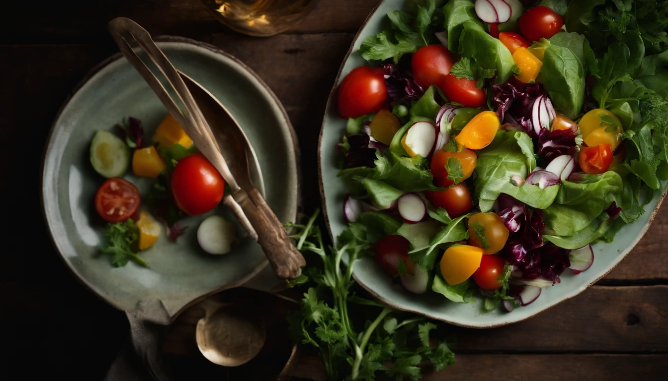 a creative shot of a top view of a Georgian vegetable salad, incorporating a rustic or vintage element, such as a wooden table or a vintage plate, to add visual interest to the composition