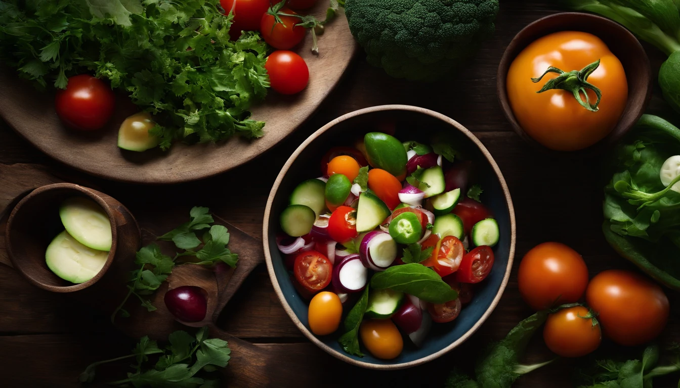 a creative shot of a top view of a Georgian vegetable salad, incorporating a rustic or vintage element, such as a wooden table or a vintage plate, to add visual interest to the composition