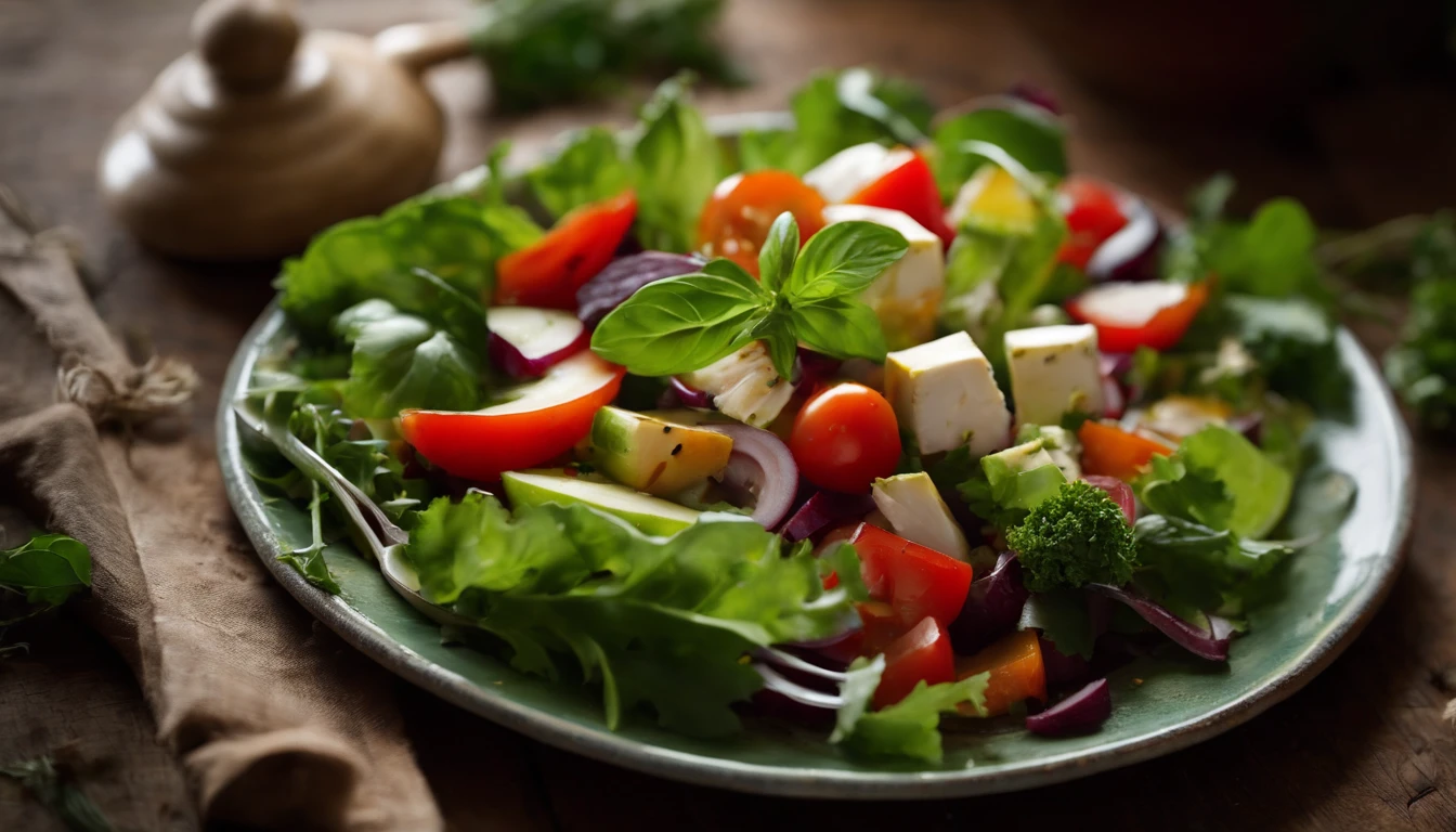 a creative shot of a top view of a Georgian vegetable salad, incorporating a rustic or vintage element, such as a wooden table or a vintage plate, to add visual interest to the composition