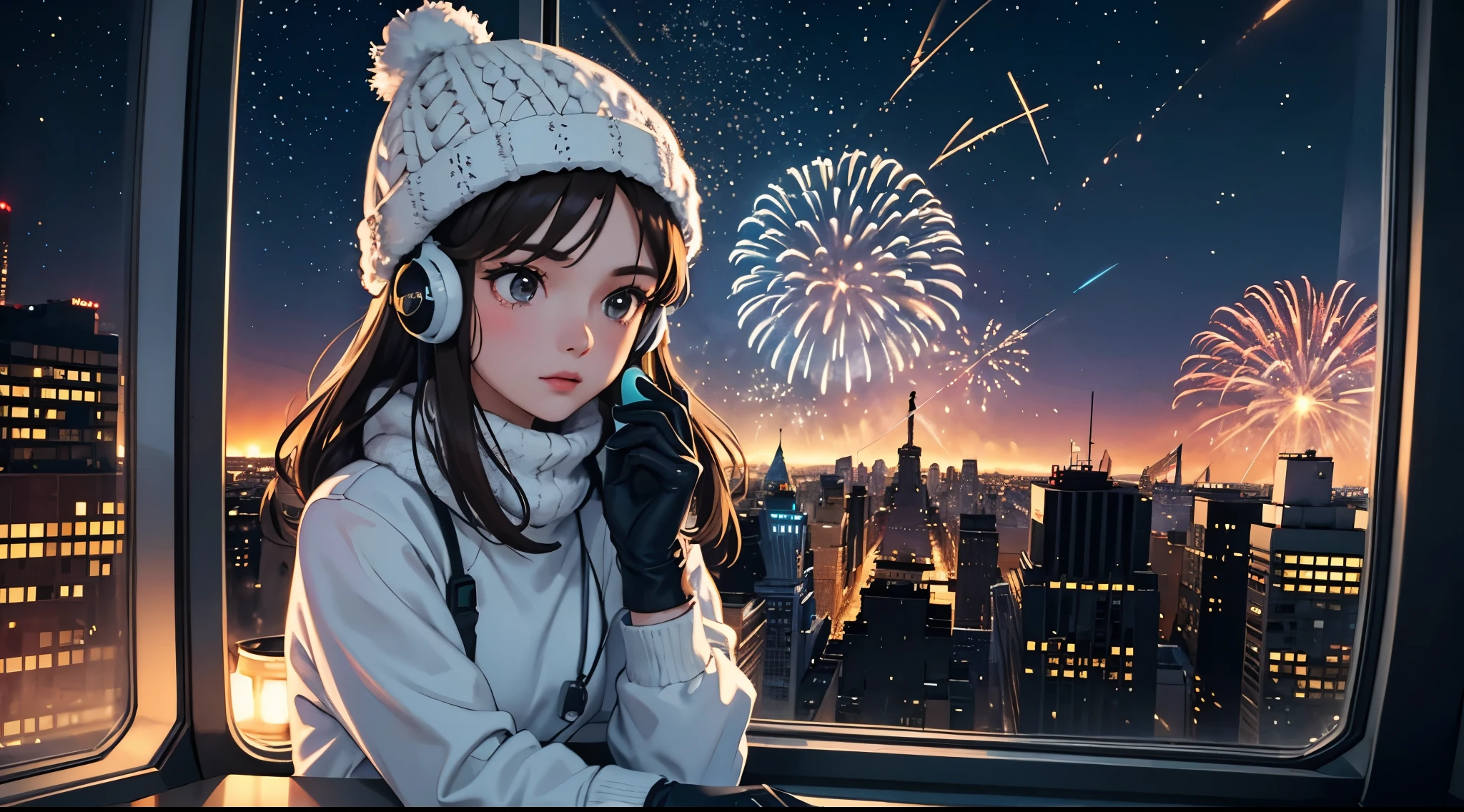 lofi relaxed one brunette girl with headphones flies in helicopter, looks in awe through window, head glued to window. winter night. beautiful landscape of Manhattan with (fireworks) in night sky.. travel. tourist. sweater, gloves, winter hat. long hair. new year eve