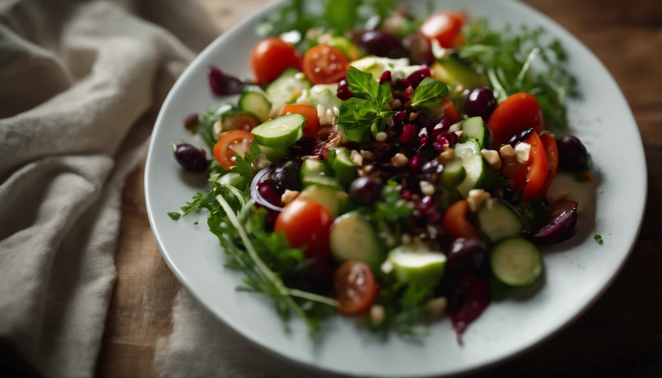 a close-up shot of a top view of a Georgian vegetable salad, zooming in on a specific area of the plate to highlight the intricate details and textures of the salad and balsamic sauce
