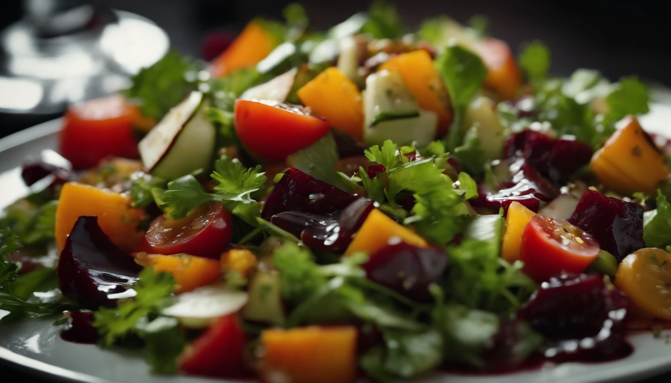 a close-up shot of a top view of a Georgian vegetable salad, zooming in on a specific area of the plate to highlight the intricate details and textures of the salad and balsamic sauce