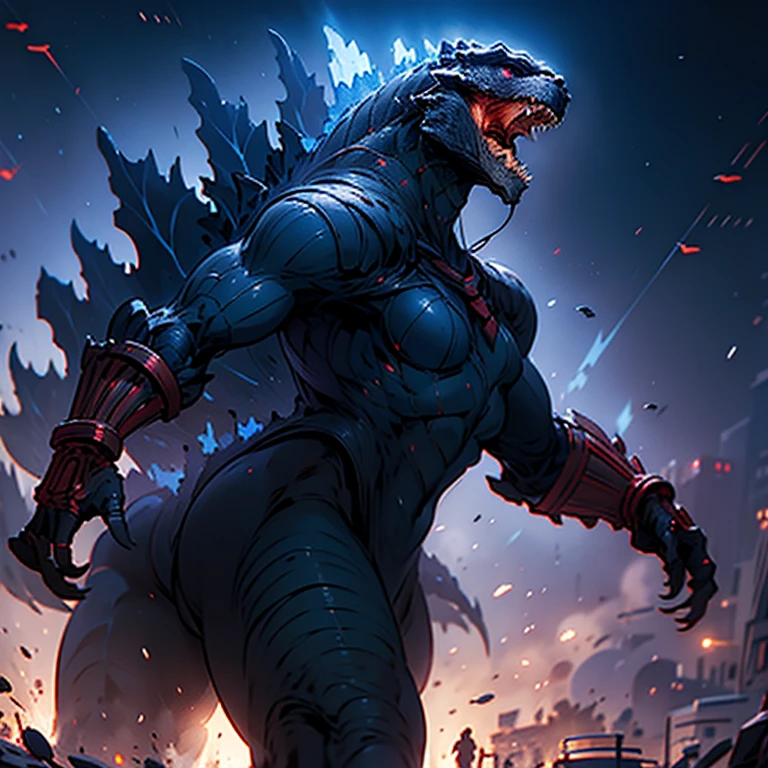 Godzilla, no human, ultra-detailed, Explicit, Beautiful body, Beautiful Nose, Beautiful character design, perfect eyes, perfect face, ultra highres, 4K, beautiful legs, perfect legs, Nice hands, Perfect hand, Masterpiece, Best Quality, Highly detailed, illustration, absurdres, street fighter, doll suit, shadaloo doll, dollsuit, looking at viewer, red gloves, Atomic breath