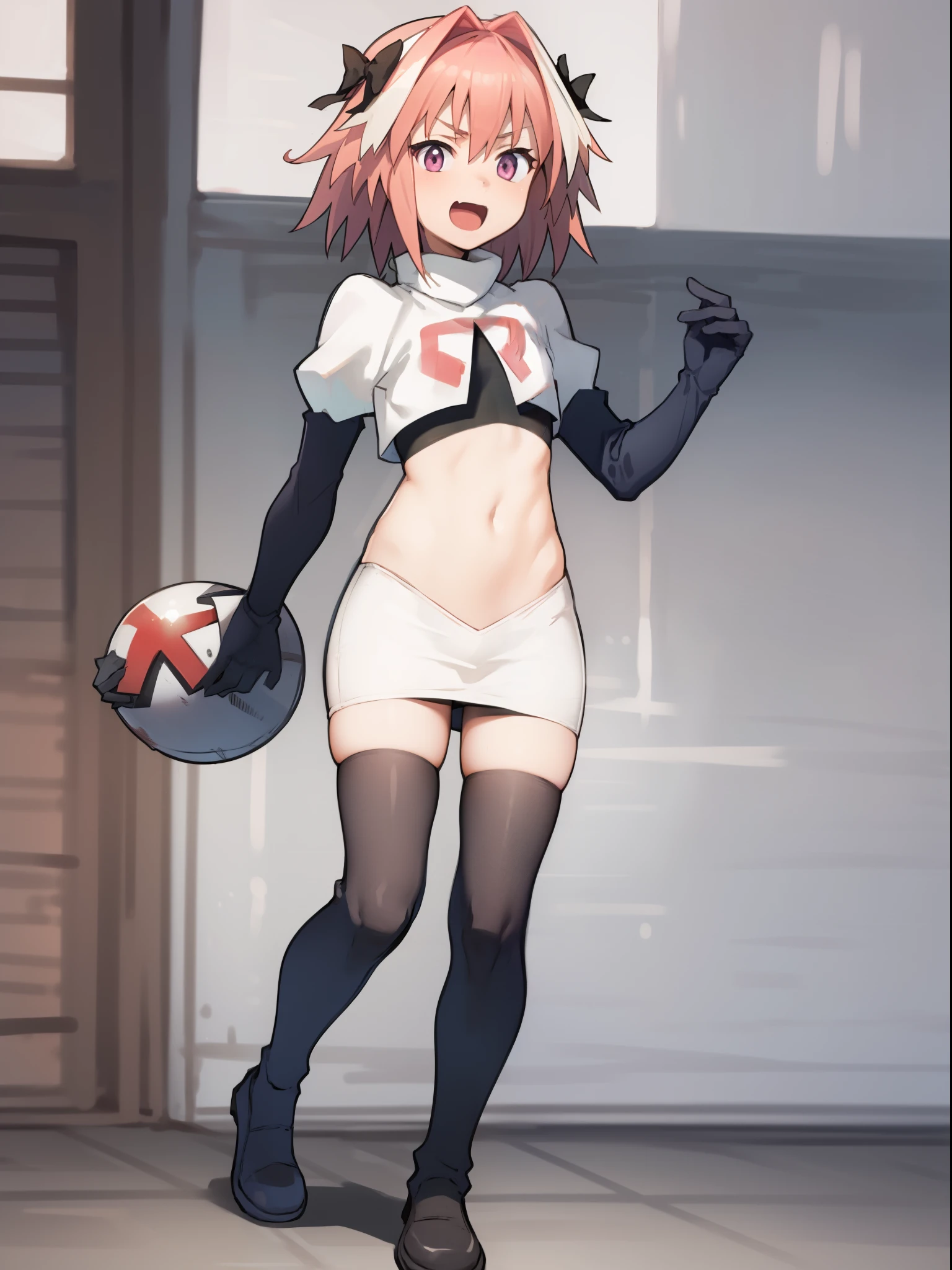 absurdres, masterpiece, best quality, (astolfo fate:1.2155), 1boy, male focus, trap, pink multicolored hair, pink hair, white hair, hair intakes, long hair, pink detailed eyes, crossdressing,1boy, team rocket,team rocket uniform, red letter R, white skirt,white crop top,black thigh-highs,black elbow gloves