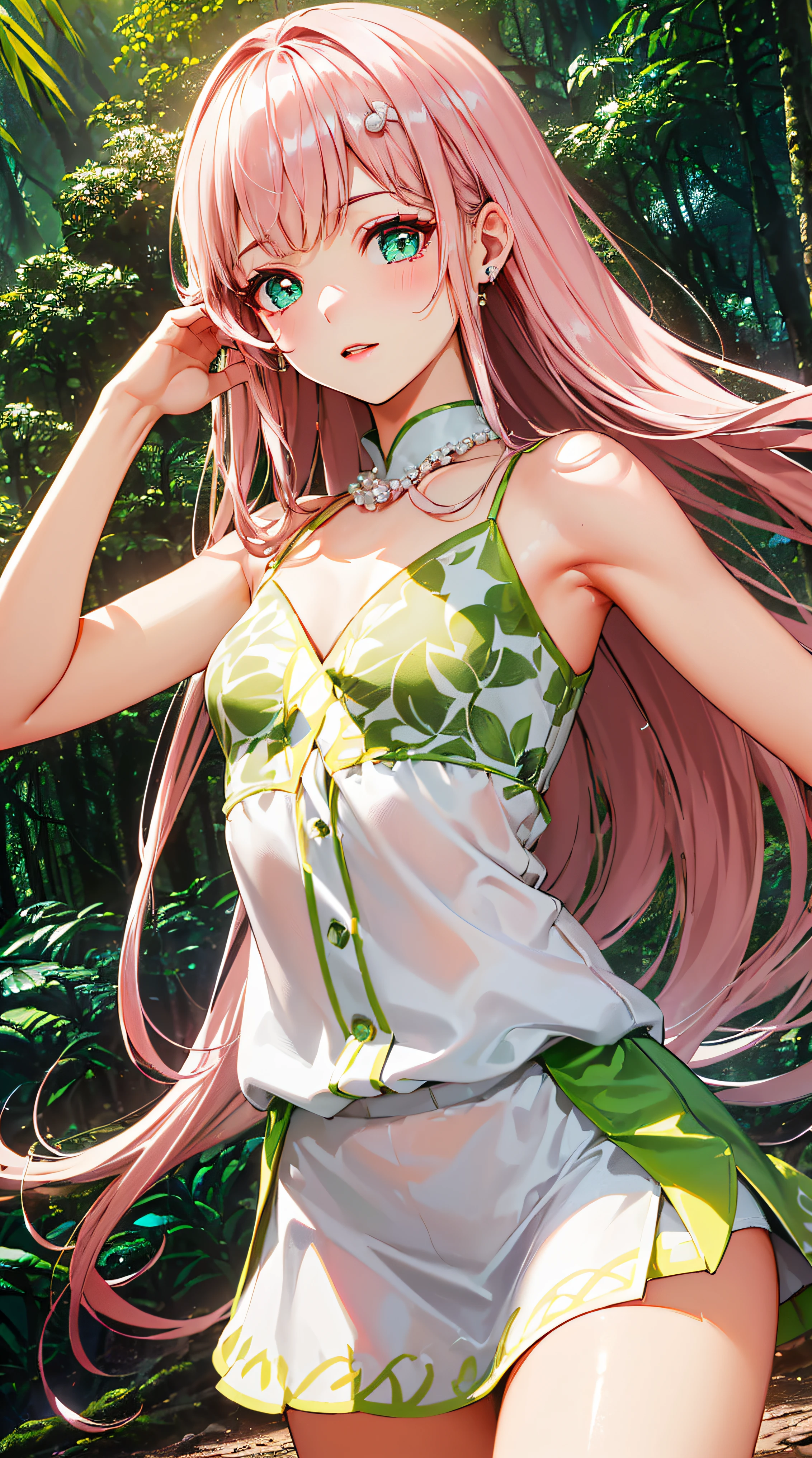 (((Pearl pink hair,Emerald pupileautiful rainforest:1.2,))))((White cropped mini shirt,green mini skirt,))(the face红), (Geometric:1.1), ((1个Giant Breast Girl,Amazing Cleavage,cute female child,Alone,Bust photo,))(tmasterpiece,Best quality at best, offcial art, Beautiful big breasts and big breasts aesthetic:1.2),(16k,k hd,HRS),((little breast)),(physically-based renderingt),Focus sharp, (((highdetailskin,))),Costume details are intricate，Delicate pupils,((((shinny hair|Detailed pubic hair头发|Half bangs|long whitr hair)))),Elongated,(tmasterpiece侧光),(The sheen),(beautiful hairl,Beautiful eyelur background,bokeh:55mm)),((exceedingly_Detailed pubic hair_The eye_big breasts and big breasts_the face)),Movie Girl,(dynamicposes: 1.2),outstanding